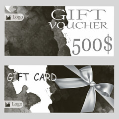 Elegant Gift Voucher and Gift Card Designs with Watercolor Background and Silver Ribbon
