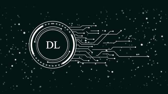 Futuristic digital interface with glowing particles and circuit lines D L logo abstract technology background