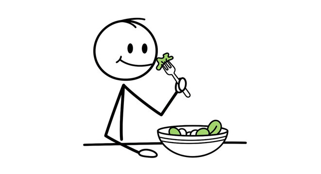 Happy stick figure eating fresh green salad from a bowl, healthy lifestyle and diet illustration - Powered by Adobe