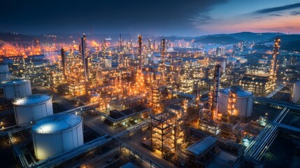 Obraz premium Aerial view of oil refinery and gas plant at dusk with glowing lights