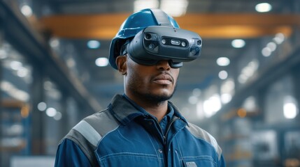 Industrial Worker Uses Virtual Reality Headset to Enhance Safety Training in a Modern Warehouse Environment
