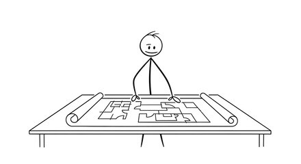 Stick Figure Architect Reviewing Blueprint Plans on Table - Design & Planning Concept