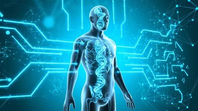 A 3D illustration of a human body silhouette against a turquoise background featuring molecular patterns and digital networks. This concept illustrates the relationship between technology, biology