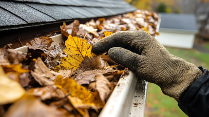 Gloved hand cleaning autumn leaves from roof gutters to prevent water damage. Fall home maintenance involves keeping gutters clear and free of debris.
