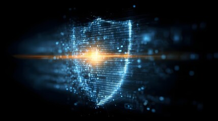 Obraz premium Glowing digital shield with binary code on dark background. Cybersecurity, data protection, digital security, technology, high-tech, network safety, information security, cyber defense, encryption, IT