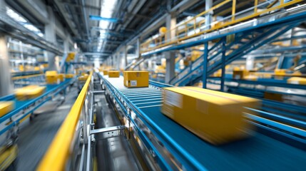 Yellow parcels moving on automated blue conveyor system in modern logistics warehouse