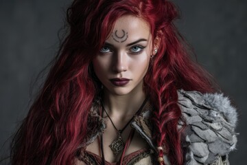 Fototapeta premium Red-haired woman with intense gaze, wearing Viking-inspired attire. Her hair has waves and braids, and she has a crescent symbol on her forehead. Dramatic lighting enhances the look