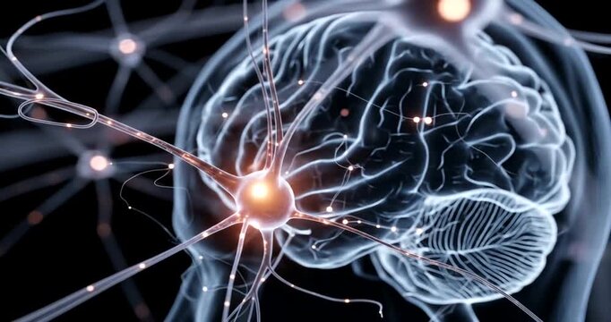 Detailed illustration of a human brain with neurons firing in a dark background