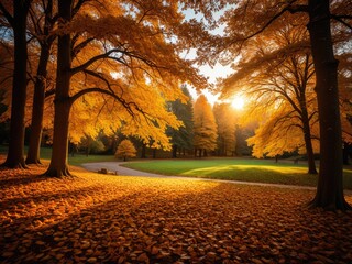 Golden autumn scene sunshine through trees with fallen leaves