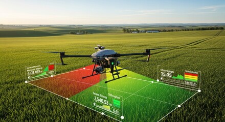 Hightech drone scanning grain crops with digital overlays highlighting disease detection in rural agricultural landscape