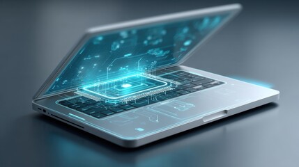 Futuristic Laptop Technology Concept with Circuit Board and Digital Display Representing Modern Computing Innovations and Advanced Electronics