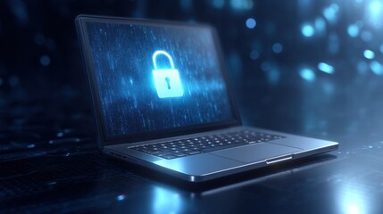 Digital security lock symbol displayed on a modern laptop computer with glowing effects in a futuristic digital environment for cybersecurity concepts