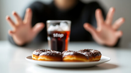 Resisting sugary treats: Chocolate donuts and soda are tempting, but a person raises their hands in refusal, embracing healthy choices and mindful eating.