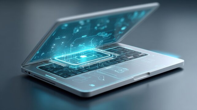 Futuristic Laptop Technology Concept with Circuit Board and Digital Display Representing Modern Computing Innovations and Advanced Electronics