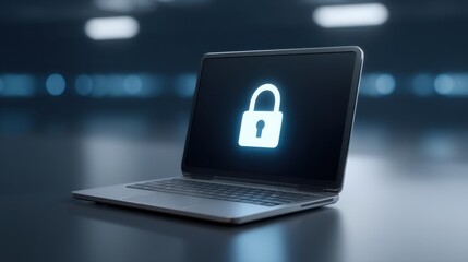 Laptop with a glowing padlock icon on the screen, symbolizing digital security and data protection in an abstract tech environment
