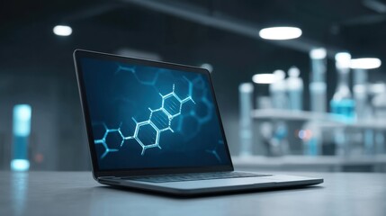 Modern Laptop Displaying Molecular Structure on Screen in a High-Tech Laboratory Environment with Laboratory Equipment in the Background