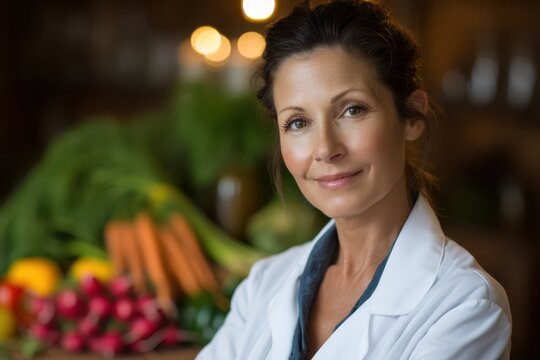 Woman in white coat smiling in front of fresh vegetables including carrots and radishes, blurred background with warm lighting, green leaves visible, relaxed and confident expression
