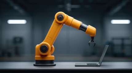 Industrial robotic arm in modern workspace interacting with laptop in futuristic environment showcasing advanced technology and automation solutions