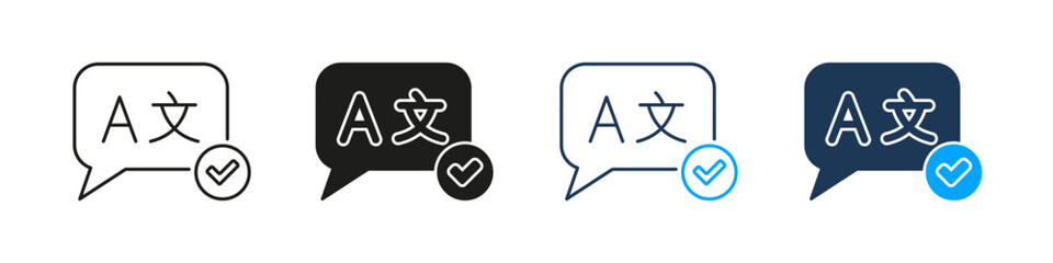 Verified Translation Chat Line And Solid Icon Set. Multilingual Speech Bubble And Check Mark Symbol Collection For Confirmed Language Accuracy And Communication Approval. Isolated Vector Illustration