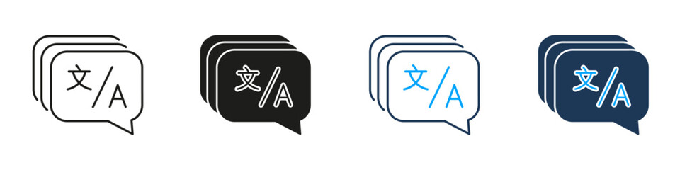 Speech Bubble With Language Translation Line And Solid Icon Set. Multilingual Communication And Translation Services Symbol Collection. Global Interaction. Isolated Vector Illustration