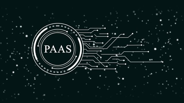 Paa S platform technology interface abstract digital network connection data flow futuristic H U D elements glowing particles dark background