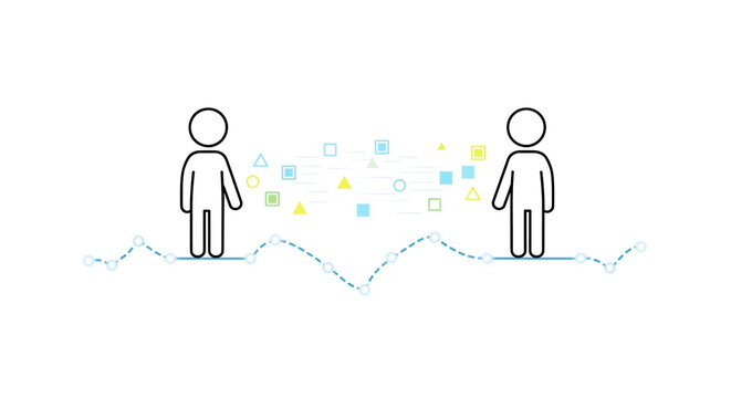 Digital communication and connection between two individuals, represented by abstract data flow and a waveform.