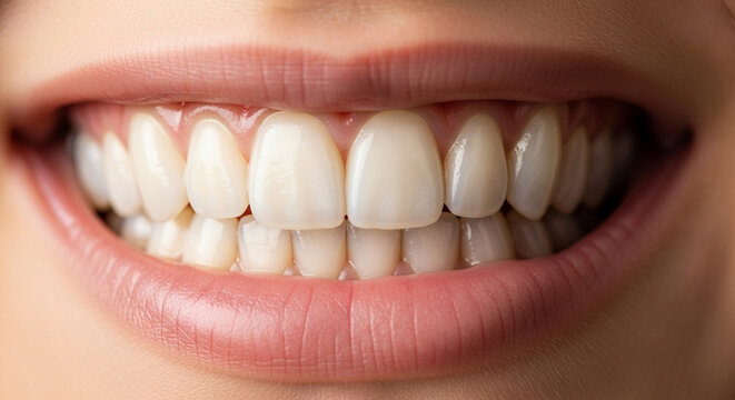 Closeup womans bright, healthy smile, showcasing perfectly aligned teeth and pink lips, conveying confidence and good oral hygiene