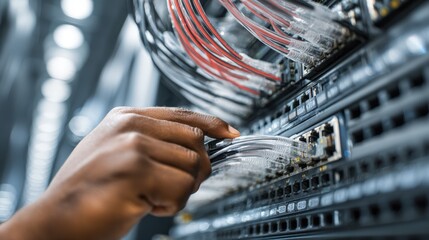 Technician connecting cables to a managed network switch in a modern data center environment ensuring efficient data flow and remote network management capabilities.
