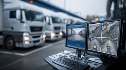 Networked cargo trucks lined up with a central control panel in sharp focus monitoring fleets in real time as the vehicles and environment fade softly into the background.