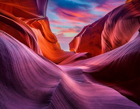 flowing sandstone waves in antelope canyon arizona create a mesmerizing landscape illuminated by vibrant orange red and purple hues under a cloudy sky - Powered by Adobe