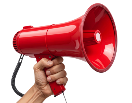 Hand Holding Red Megaphone Pointing Forward, Isolated on Transparent Background