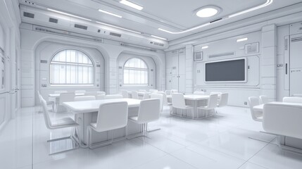 Modern minimalist conference room with white furniture, advanced technology, bright windows, and sleek interior design for corporate meetings