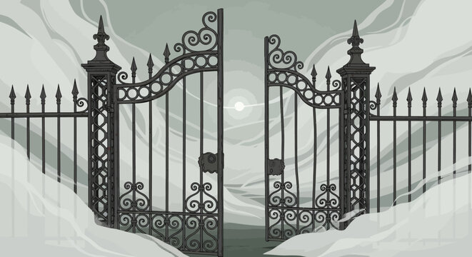 Ornate Wrought Iron Gates Standing Open in a Winter Landscape.