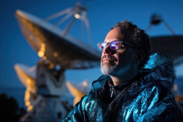 Man in a blue jacket and glasses gazes upwards with large satellite dishes in the background, suggesting an astronomical setting. His attire has a shimmering texture