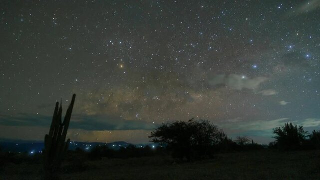 Milky Way timelapse over Tatacoa Desert with cactus foreground