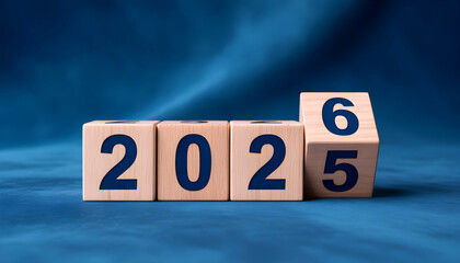 Business Goals for 2026 – Happy New Year Banner Featuring Wooden Cube Block Changing from 2025 to 2026. A Visual Concept of Planning, Resolutions, Success, and Inspiration for the Year Ahead