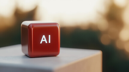 AI Concept: Red cube with "AI" lettering, resting on a white surface. Background blurred for focus. Innovation and advanced technology theme.