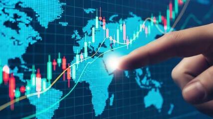 Finger pointing at world map with financial stock market data - Powered by Adobe