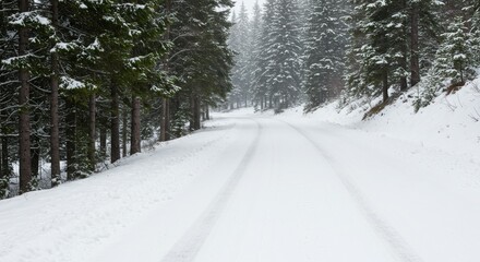 Snow covered road winding through a dense forest of pine trees on a cold winter day. Nature landscape for travel theme, solitude concept.