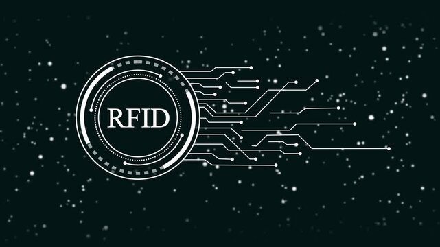 R F I D technology abstract digital circuit network data transfer communication concept futuristic interface glowing particles dark background