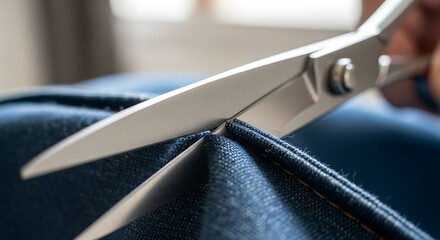 Person Cutting Dark Blue Fabric with Sharp Scissors in Workshop