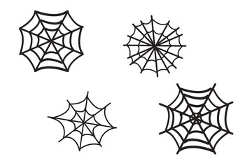 Set of spider webs in flat style, simple clean lines, geometric shapes, different sizes and shapes, minimalist design, placed on a white background, vector illustration