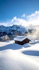 Snowy cabin scene in a winter mountain landscape