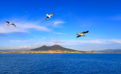 View of Mount Vesuvius with skyline of the Metropolitan City of Naples in southern Italy.