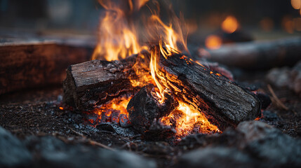 Burning campfire with flames and embers outdoors