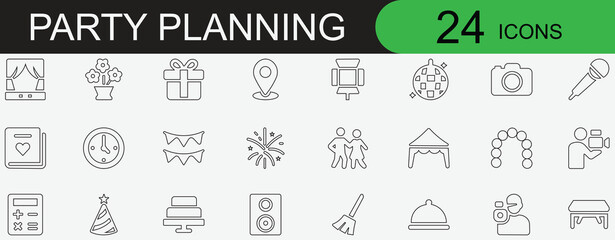 Party planning and event management icon set for wedding, birthday, festival celebration, catering, and decoration. Editable vector outline design