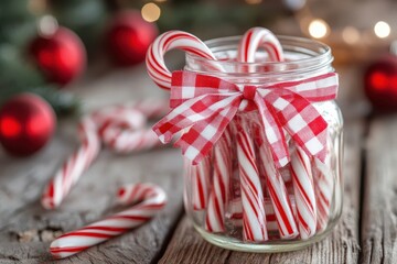 Christmas candy cane in mason jar with red and white gingham bow.