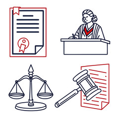Illustration showing legal elements including a judge gavel scales and a document with a seal mark