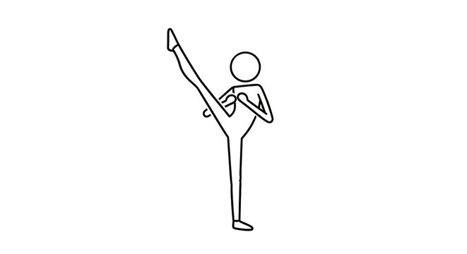 Minimalist stick figure in high kick pose, dynamic movement illustration for martial arts or fitness concepts