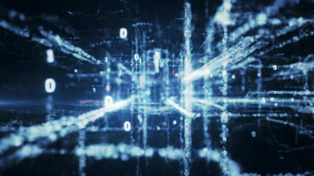 Dynamic dolly zoom through an intricate, glowing electric blue and white network with luminous particles and neon red flashes against a dark background, concept of hyper-speed tech flow